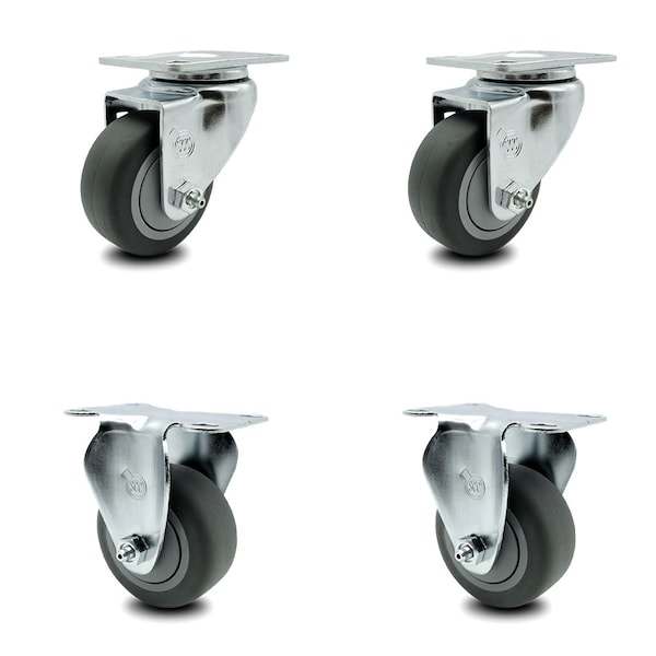3.5 Inch Thermoplastic Rubber Wheel Swivel Top Plate Caster Set with 2 Rigid SCC